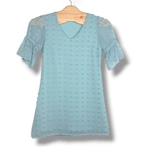 B Swiss Dot Mini Dress S Light Blue Flutter Sleeve V-Neck Shift Dress